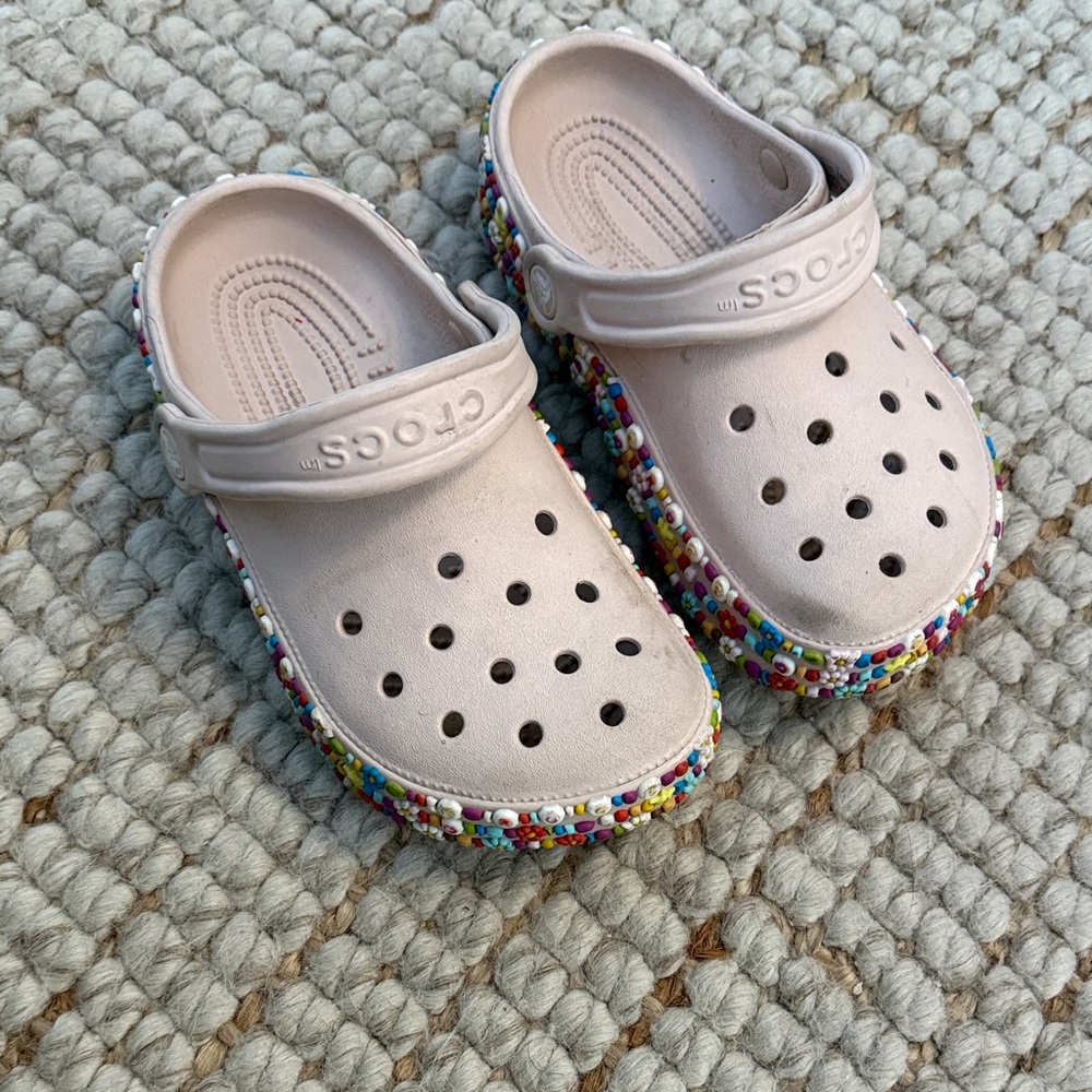 CROCS Kids Slip-On Clogs in Pale Pink with Multicolor Beaded Trim